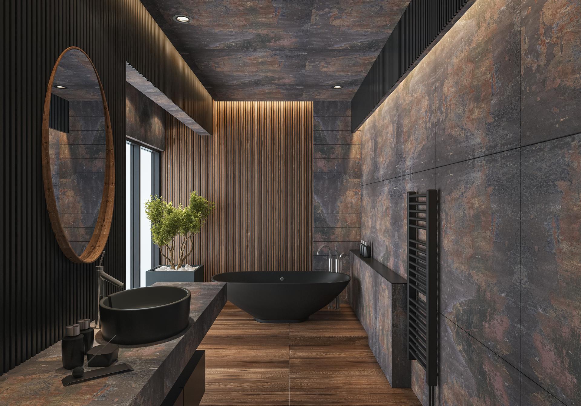 Modern Bathroom in Rustic Eco Stone and Wood Materials